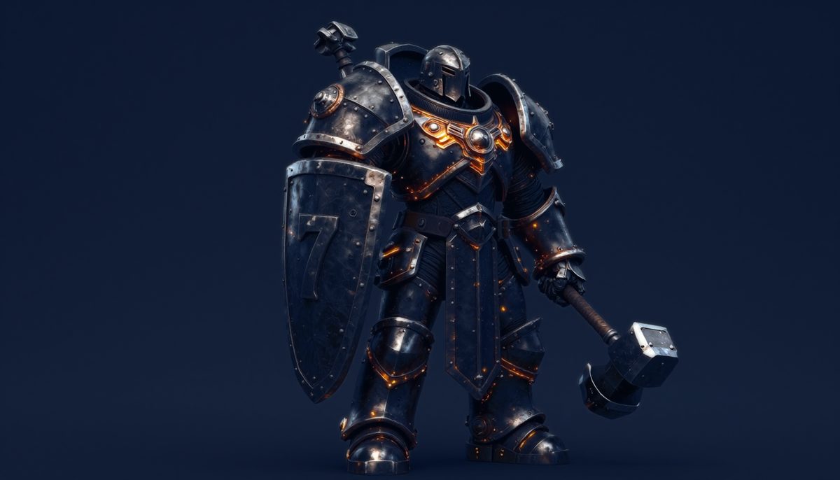 Concept art of Bulwark Seven, a broad armoured warrior with a tower shield marked 7 and a heavy maul.