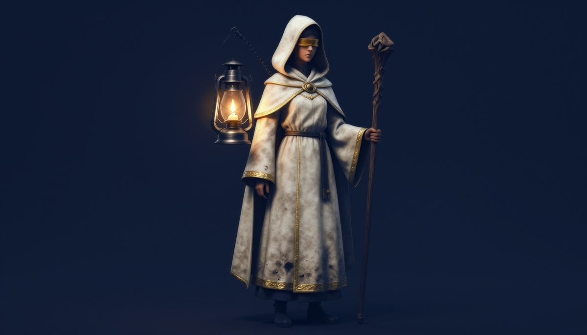 Concept art of Sister Ilse, a blindfolded woman in a white hooded robe carrying a lit lantern and a wooden staff.