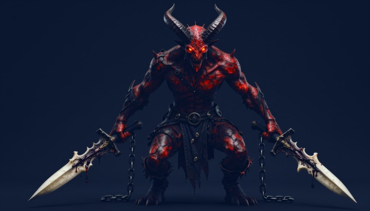 Concept art of Malakor the Blood-Born, a horned crimson demon crouching with two bone daggers.