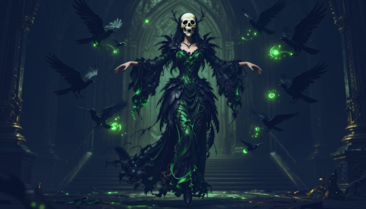 Concept art of Lady Morrigan the Carrion Queen floating in a feathered gown, ravens circling her.