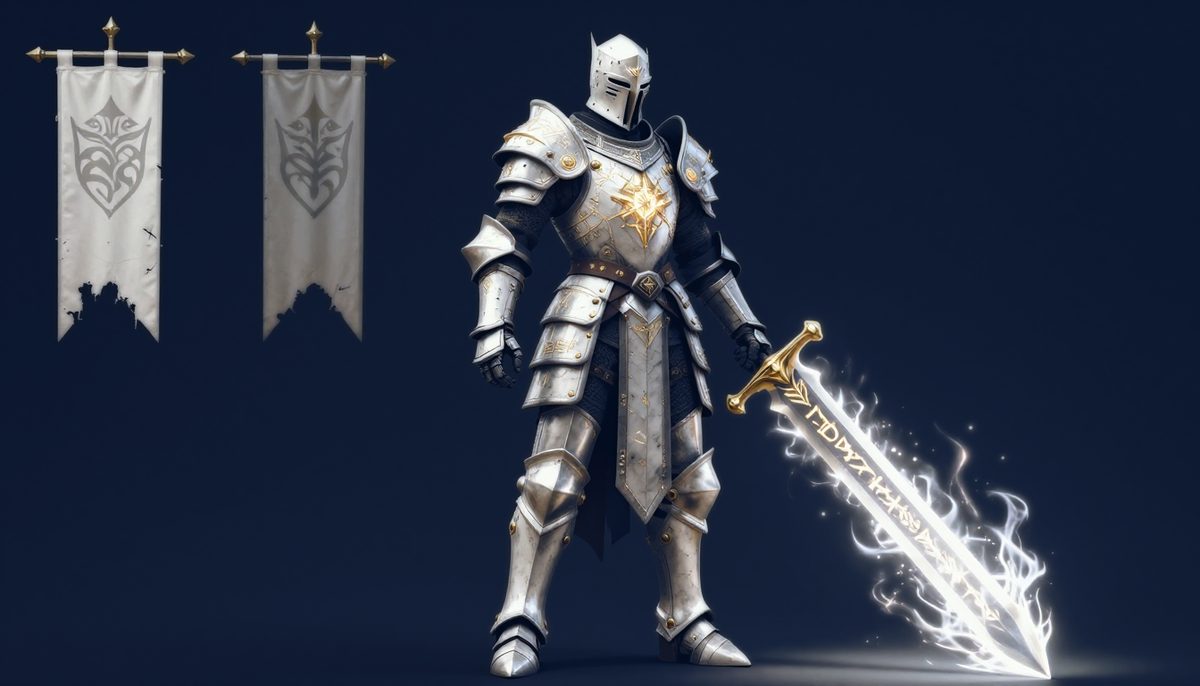 Concept art of Grand Inquisitor Vaelen, a faceless knight in white plate holding a burning greatsword.